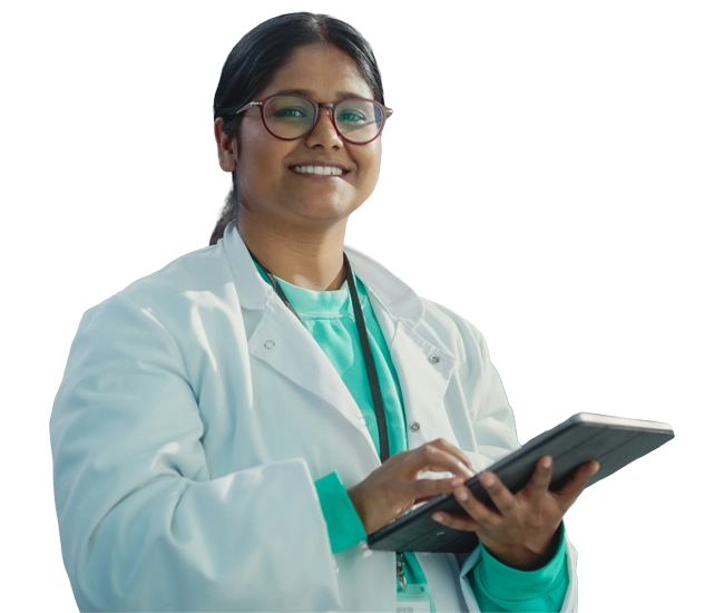 Scientist wearing lab coat smiling with ipad